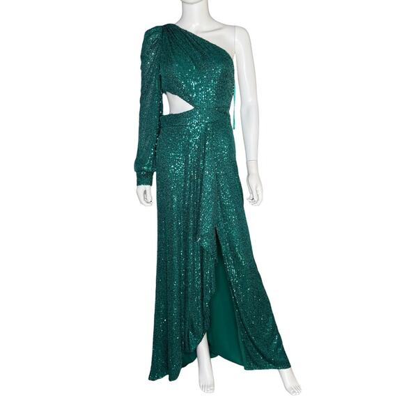Ieena for Mac Duggal Green Sequined One Shoulder Cut Out Gown 26730 Women’s Sz 4 - Picture 2 of 9